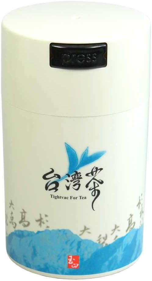 Teavac 6-Ounce Vacuum Sealed Tea Storage Container, White Cap and Body/Blue Tea Sign