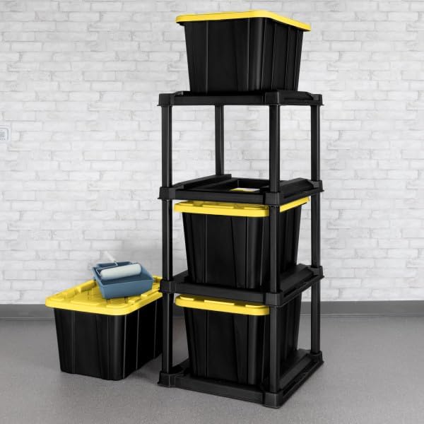 Sterilite 4 Tier Tote Rack, Vertical Plastic Organizer with 4 Pack 27 Gallon Industrial Storage Totes, Clear - for Garages, Workshops, or Basements