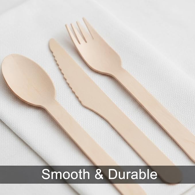 (150 Count) Disposable Wooden Cutlery Set - Alternative to Plastic, Eco Friendly, Biodegradable, Compostable Cutlery Set - 50 Wood Spoons, 50 Wooden Knives & 50 Wooden Forks Disposable Utensils Set