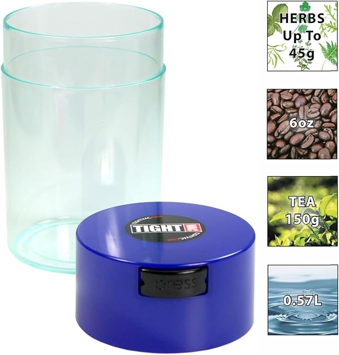 Tightvac - 1 oz to 6 ounce Vacuum Sealed Storage Container - Dark Blue Cap & Clear Body