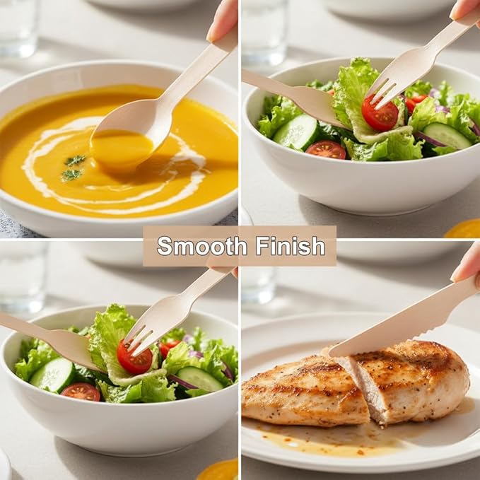 (150 Count) Disposable Wooden Cutlery Set - Alternative to Plastic, Eco Friendly, Biodegradable, Compostable Cutlery Set - 50 Wood Spoons, 50 Wooden Knives & 50 Wooden Forks Disposable Utensils Set