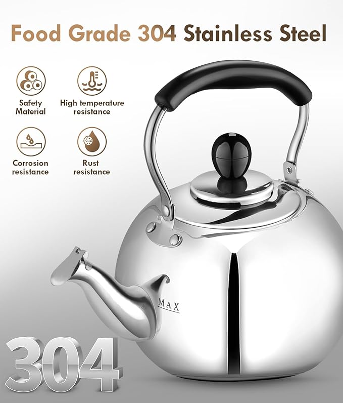 Whistling Tea Kettle Stovetop - 2.3 Quart Round Tea Pot for Stovetop, Silver Mirror Polished Classic Stovetop Kettle, Food Grade Material Teapot for Stove Top