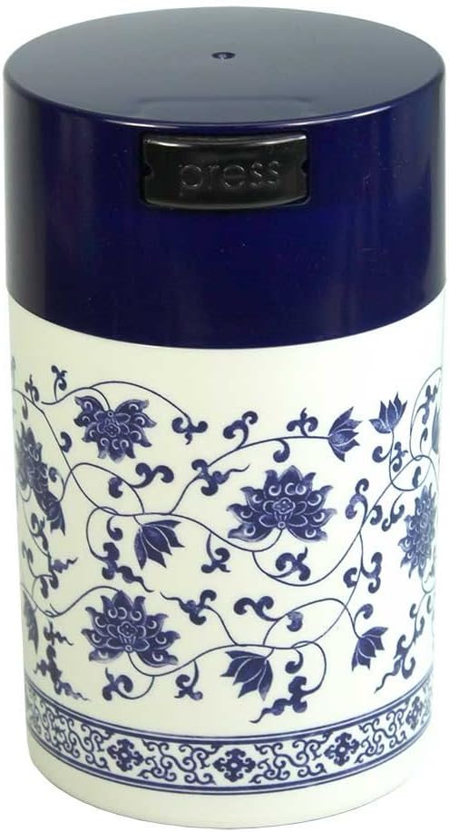 Tightpac Teavac 6-Ounce Vacuum Sealed Tea Storage Container, Blue Cap and White Body/Floral Design