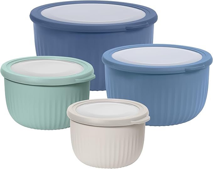 Oggi Set of 4 Prep, Store & Serve Plastic Bowls - w/See-Thru Lids- Dishwasher, Microwave & Freezer Safe, (0.7, 1.4, 2.6, 4 Quarts) - Multicolor