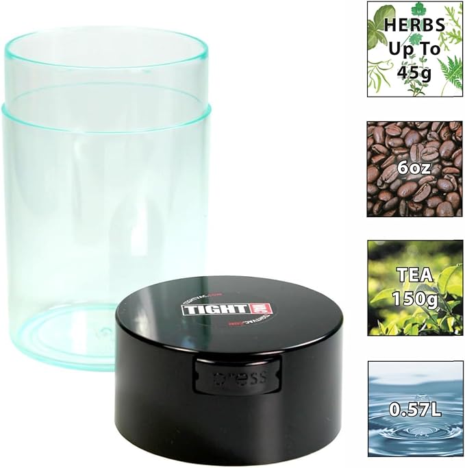 Tightvac 1 oz to 6 ounce - Patented Airtight Container | Multi-use Vacuum Container Works as Smell Proof Containers for Herbs and Dry Goods. Black Cap and Clear Body