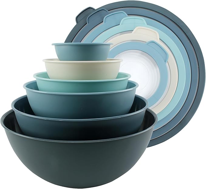 COOK WITH COLOR Mixing Bowls with Lids - 12 Piece Plastic Nesting Bowls Set includes 6 Prep Bowls and 6 Lids, Microwave Safe Mixing Bowl Set, Blue Tritan Lid