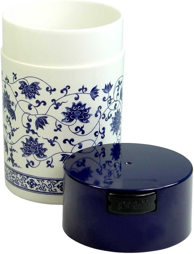 Tightpac Teavac 6-Ounce Vacuum Sealed Tea Storage Container, Blue Cap and White Body/Floral Design
