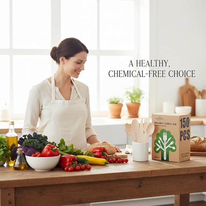 (150 Count) Disposable Wooden Cutlery Set - Alternative to Plastic, Eco Friendly, Biodegradable, Compostable Cutlery Set - 50 Wood Spoons, 50 Wooden Knives & 50 Wooden Forks Disposable Utensils Set