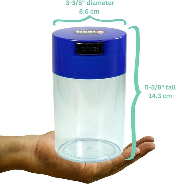 Tightvac - 1 oz to 6 ounce Vacuum Sealed Storage Container - Dark Blue Cap & Clear Body