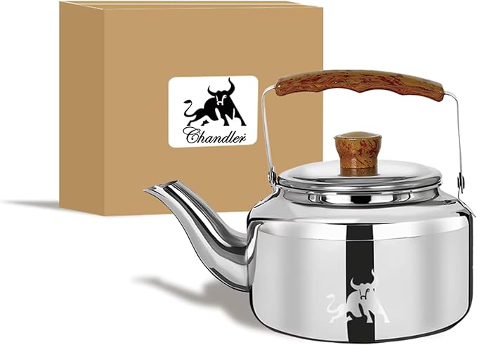 Chandler 3.12 Liter Tea Pots, Vintage Tea Kettle - 0.4mm Stainless Steel Pot - Hard to Dent | Ergonomic Handle with a Cool Grip | Portable Tea Kettle For Camping (Silver Colour)