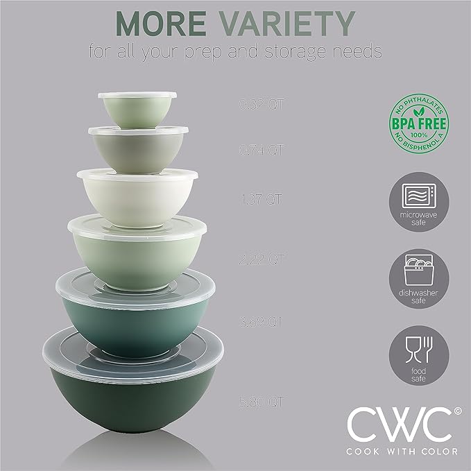 COOK WITH COLOR Mixing Bowls with Lids - 12 Piece Plastic Nesting Bowls Set includes 6 Prep Bowls and 6 Lids, Microwave Safe Mixing Bowl Set, Sage