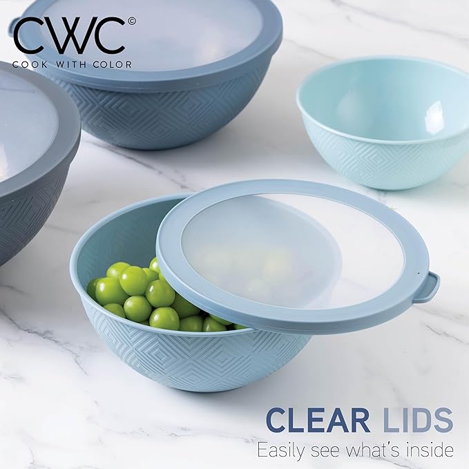 COOK WITH COLOR Mixing Bowls with Lids - 12 Piece Plastic Nesting Bowls Set includes 6 Prep Bowls and 6 Lids, Microwave Safe Mixing Bowl Set, Blue Rhombus