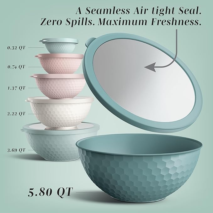 COOK WITH COLOR Mixing Bowls with Lids - 12 Piece Plastic Nesting Bowls Set includes 6 Prep Bowls and 6 Lids, Microwave Safe Mixing Bowl Set, Teal Embossed