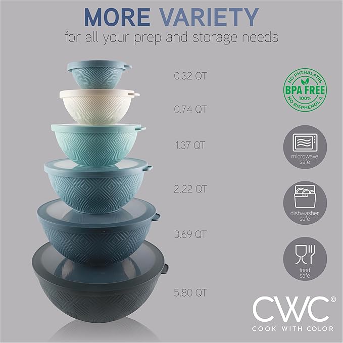 COOK WITH COLOR Mixing Bowls with Lids - 12 Piece Plastic Nesting Bowls Set includes 6 Prep Bowls and 6 Lids, Microwave Safe Mixing Bowl Set, Blue Rhombus