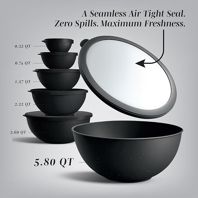 COOK WITH COLOR Mixing Bowls with TPR Lids - 12 Piece Plastic Nesting Bowls Set includes 6 Prep Bowls and 6 Lids, Microwave Safe (Speckled Black)
