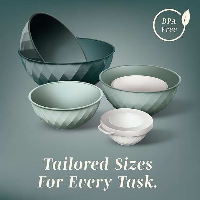 COOK WITH COLOR Mixing Bowls with Lids - 12 Piece Plastic Nesting Bowls Set includes 6 Prep Bowls and 6 Lids, Microwave Safe Mixing Bowl Set, Green Diamond