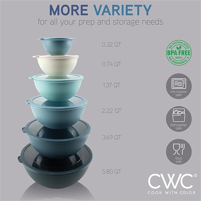 COOK WITH COLOR Mixing Bowls with Lids - 12 Piece Plastic Nesting Bowls Set includes 6 Prep Bowls and 6 Lids, Microwave Safe Mixing Bowl Set, Blue Tritan Lid