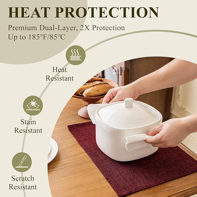 KXN Christmas Placemats Set of 8, Dual-Layer Thickened Faux Linen Table Mats, Heat Resistant & Wrinkle-Free, Machine Washable Cloth Place Mats for Kitchen Dining Indoor Outdoor (Red)