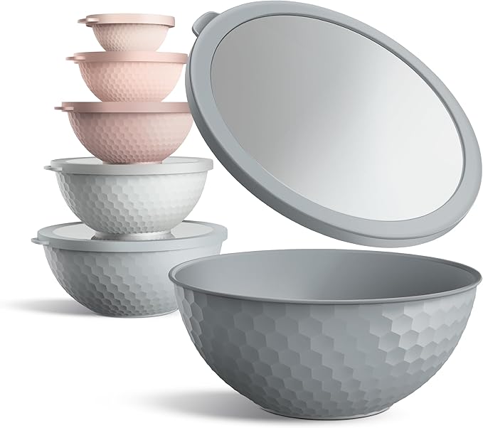 COOK WITH COLOR Mixing Bowls with Lids - 12 Piece Plastic Nesting Bowls Set includes 6 Prep Bowls and 6 Lids, Microwave Safe Mixing Bowl Set, Pink Embossed