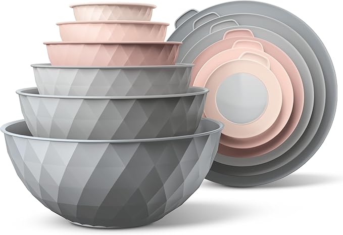 COOK WITH COLOR Mixing Bowls with Lids - 12 Piece Plastic Nesting Bowls Set includes 6 Prep Bowls and 6 Lids, Microwave Safe Mixing Bowl Set, Grey/Pink Diamond