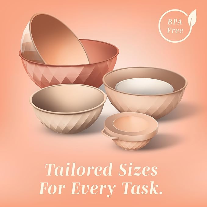 COOK WITH COLOR Mixing Bowls with Lids - 12 Piece Plastic Nesting Bowls Set includes 6 Prep Bowls and 6 Lids, Microwave Safe Mixing Bowl Set, Orange Diamond