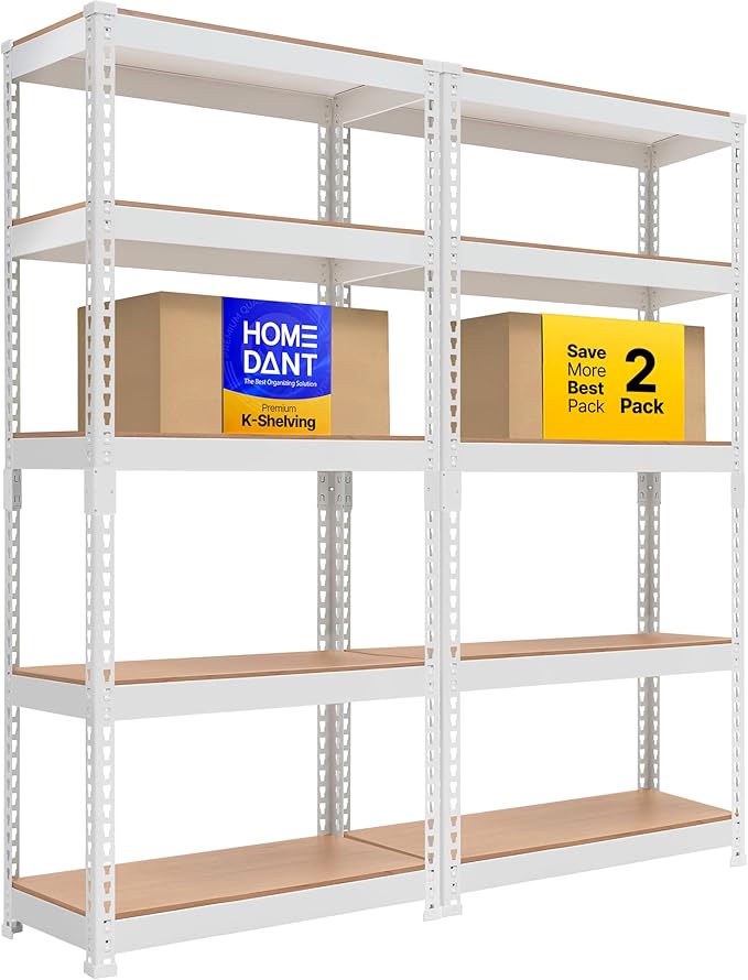 HOMEDANT 5 Tier Laminated White Boltless Metal Shelving Unit Adjustable Garage Storage Utility Rack Heavy Duty Shelves Organization Multipurpose Shelf Warehouse Pantry 28" W x 12.3" D x 59.5" H 2Pack