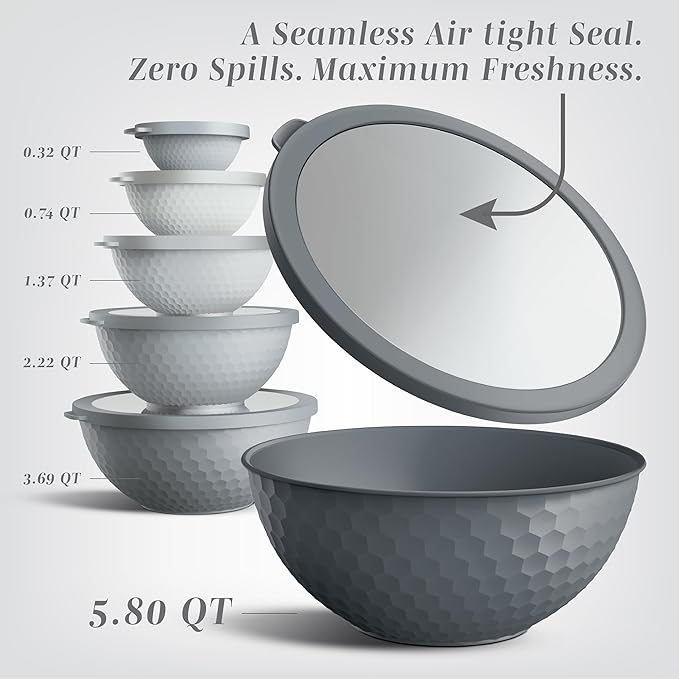 COOK WITH COLOR Mixing Bowls with Lids - 12 Piece Plastic Nesting Bowls Set includes 6 Prep Bowls and 6 Lids, Microwave Safe Mixing Bowl Set, Grey Embossed