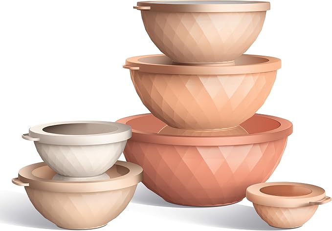 COOK WITH COLOR Mixing Bowls with Lids - 12 Piece Plastic Nesting Bowls Set includes 6 Prep Bowls and 6 Lids, Microwave Safe Mixing Bowl Set, Orange Diamond