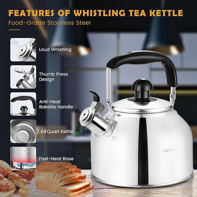 AMFOCUS Tea Kettle Stovetop, Whistling Tea Kettle Pots for Stove Top, 2.64 QT Food Grade Stainless Steel Teakettle Teapot with Cool Grip Folding Handle, Hot Water boiler for Tea, Milk, Coffee