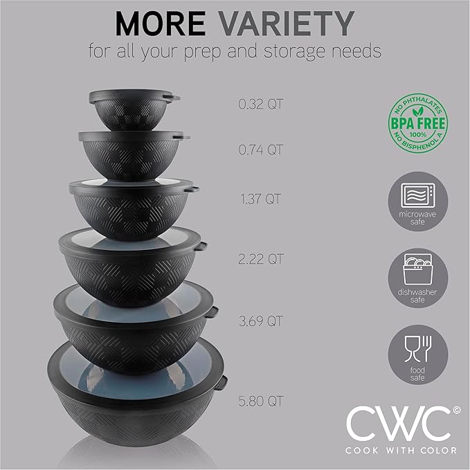 COOK WITH COLOR Mixing Bowls with Lids - 12 Piece Plastic Nesting Bowls Set includes 6 Prep Bowls and 6 Lids, Microwave Safe Mixing Bowl Set, Black Rhombus