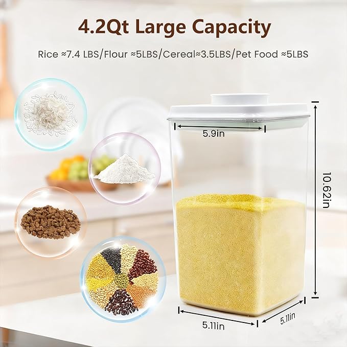 Large Pop Airtight Food Storage Containers Set with Lids, 4.2Qt Food Containers with Scoop, Kitchen Pantry Organization and Storage, BPA Free Stackable Cereal Container