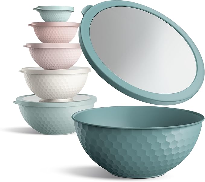 COOK WITH COLOR Mixing Bowls with Lids - 12 Piece Plastic Nesting Bowls Set includes 6 Prep Bowls and 6 Lids, Microwave Safe Mixing Bowl Set, Teal Embossed