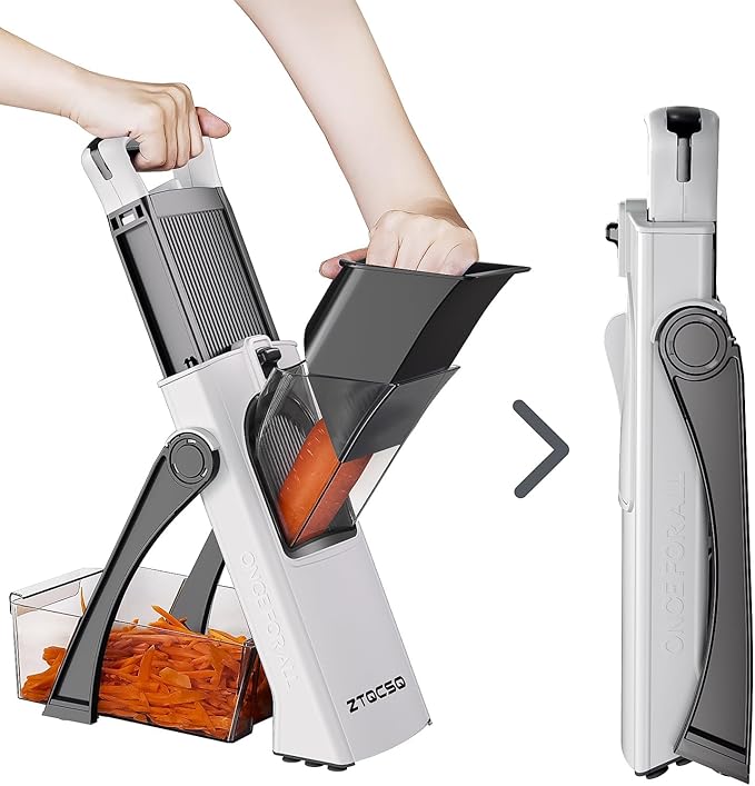 (All-in-1) Upgraded Version Mandoline Slicer for Kitchen & Adjustable Mandolin. Detachable Blade, Kitchen Veggie Chopper Cut Slicing, Strips, Shredding, Dicing, Chop (Black White)