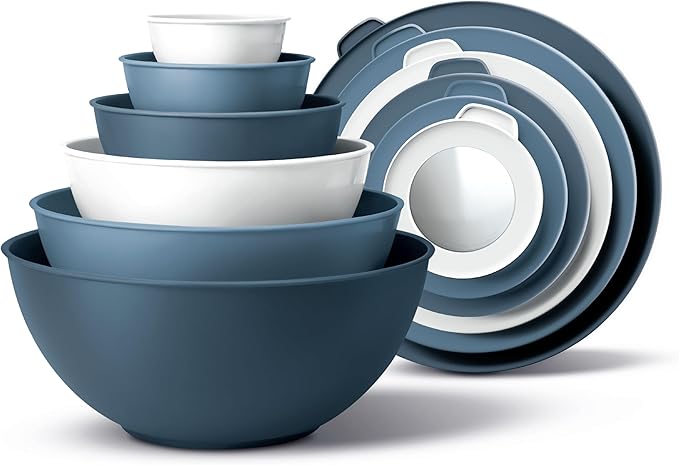 COOK WITH COLOR Mixing Bowls with Lids - 12 Piece Plastic Nesting Bowls Set includes 6 Prep Bowls, Microwave Safe Mixing Bowl Set, Blue and White TPR Lids