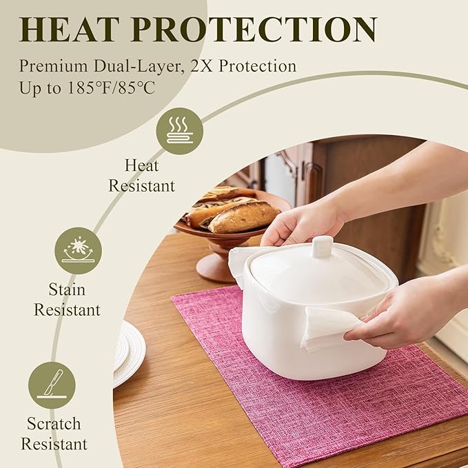 KXN Placemats Set of 6, Dual-Layer Thickened Faux Linen Table Mats, Heat Resistant & Wrinkle-Free, Machine Washable Cloth Place Mats for Kitchen Dining Indoor Outdoor (Pink)