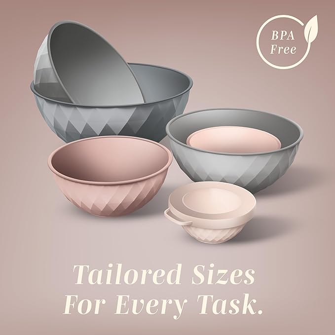 COOK WITH COLOR Mixing Bowls with Lids - 12 Piece Plastic Nesting Bowls Set includes 6 Prep Bowls and 6 Lids, Microwave Safe Mixing Bowl Set, Grey/Pink Diamond