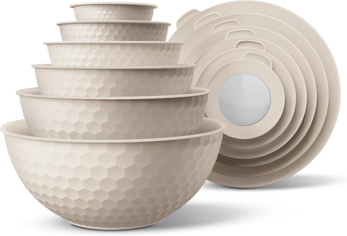 COOK WITH COLOR Mixing Bowls with Lids - 12 Piece Plastic Nesting Bowls Set includes 6 Prep Bowls and 6 Lids, Microwave Safe Mixing Bowl Set, Cream Embossed