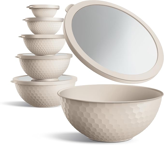 COOK WITH COLOR Mixing Bowls with Lids - 12 Piece Plastic Nesting Bowls Set includes 6 Prep Bowls and 6 Lids, Microwave Safe Mixing Bowl Set, Cream Embossed
