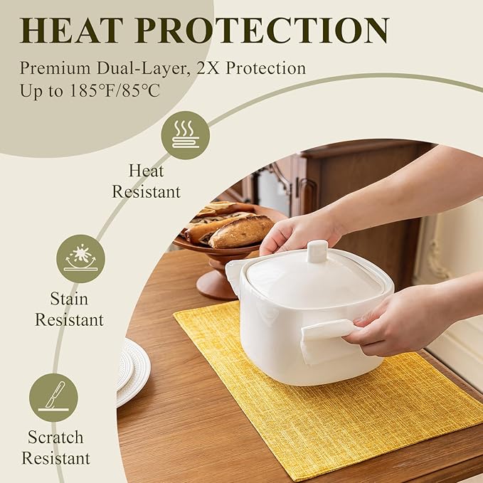 KXN Placemats Set of 6, Dual-Layer Thickened Faux Linen Table Mats, Heat Resistant & Wrinkle-Free, Machine Washable Cloth Place Mats for Kitchen Dining Indoor Outdoor (Yellow)