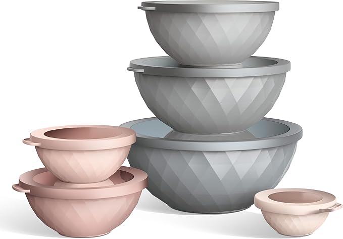 COOK WITH COLOR Mixing Bowls with Lids - 12 Piece Plastic Nesting Bowls Set includes 6 Prep Bowls and 6 Lids, Microwave Safe Mixing Bowl Set, Grey/Pink Diamond
