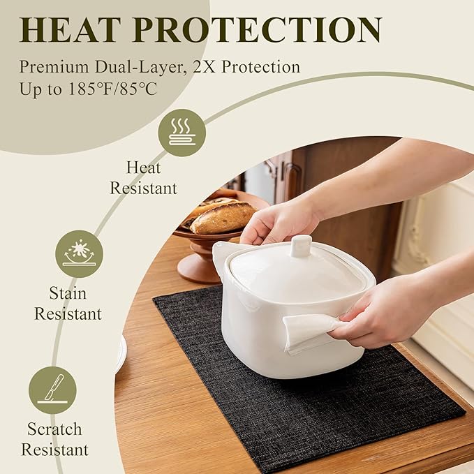 KXN Placemats Set of 6, Dual-Layer Thickened Faux Linen Table Mats, Heat Resistant & Wrinkle-Free, Machine Washable Cloth Place Mats for Kitchen Dining Indoor Outdoor (Black)