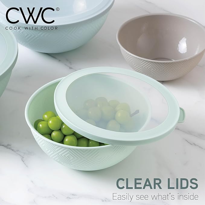 COOK WITH COLOR Mixing Bowls with Lids - 12 Piece Plastic Nesting Bowls Set includes 6 Prep Bowls and 6 Lids, Microwave Safe Mixing Bowl Set, Mint Rhombus