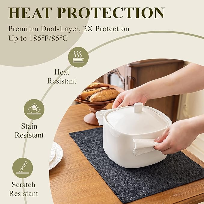 KXN Placemats Set of 4, Dual-Layer Thickened Faux Linen Table Mats, Heat Resistant & Wrinkle-Free, Machine Washable Cloth Place Mats for Kitchen Dining Indoor Outdoor (Dark Grey)