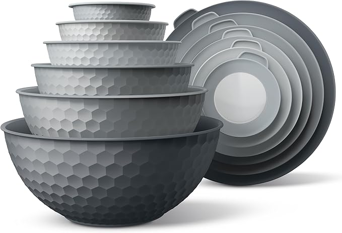 COOK WITH COLOR Mixing Bowls with Lids - 12 Piece Plastic Nesting Bowls Set includes 6 Prep Bowls and 6 Lids, Microwave Safe Mixing Bowl Set, Grey Embossed