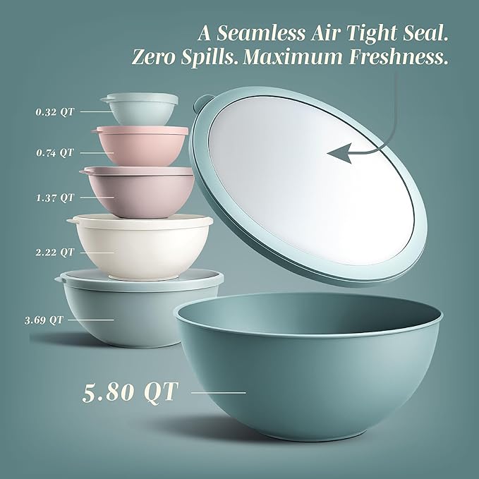 COOK WITH COLOR Mixing Bowls with TPR Lids - 12 Piece Plastic Nesting Bowls Set includes 6 Prep Bowls and 6 Lids, Microwave Safe (Teal)