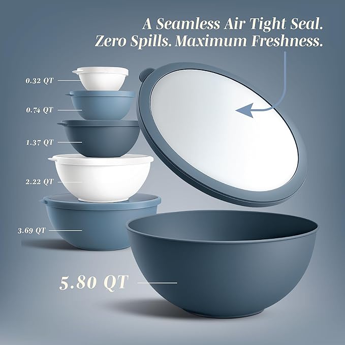 COOK WITH COLOR Mixing Bowls with Lids - 12 Piece Plastic Nesting Bowls Set includes 6 Prep Bowls, Microwave Safe Mixing Bowl Set, Blue and White TPR Lids