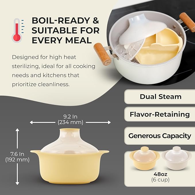 48oz Platinum Silicone 3 Compartmented Microwave Steamer Pot with Handle & Lid - Korean 100% Food-Grade Steamer Bowl, Heat-Resistant Cooker with Steam Holes, Easy Clean, Dishwasher Safe, Yellow