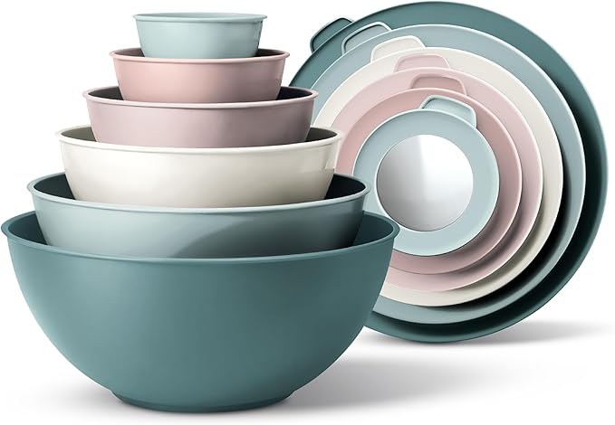 COOK WITH COLOR Mixing Bowls with TPR Lids - 12 Piece Plastic Nesting Bowls Set includes 6 Prep Bowls and 6 Lids, Microwave Safe (Teal)