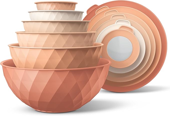 COOK WITH COLOR Mixing Bowls with Lids - 12 Piece Plastic Nesting Bowls Set includes 6 Prep Bowls and 6 Lids, Microwave Safe Mixing Bowl Set, Orange Diamond