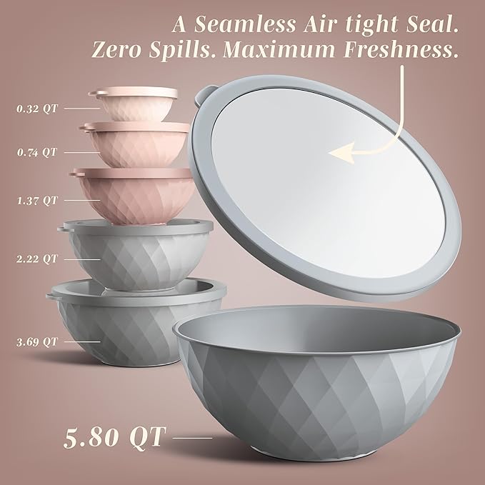 COOK WITH COLOR Mixing Bowls with Lids - 12 Piece Plastic Nesting Bowls Set includes 6 Prep Bowls and 6 Lids, Microwave Safe Mixing Bowl Set, Grey/Pink Diamond